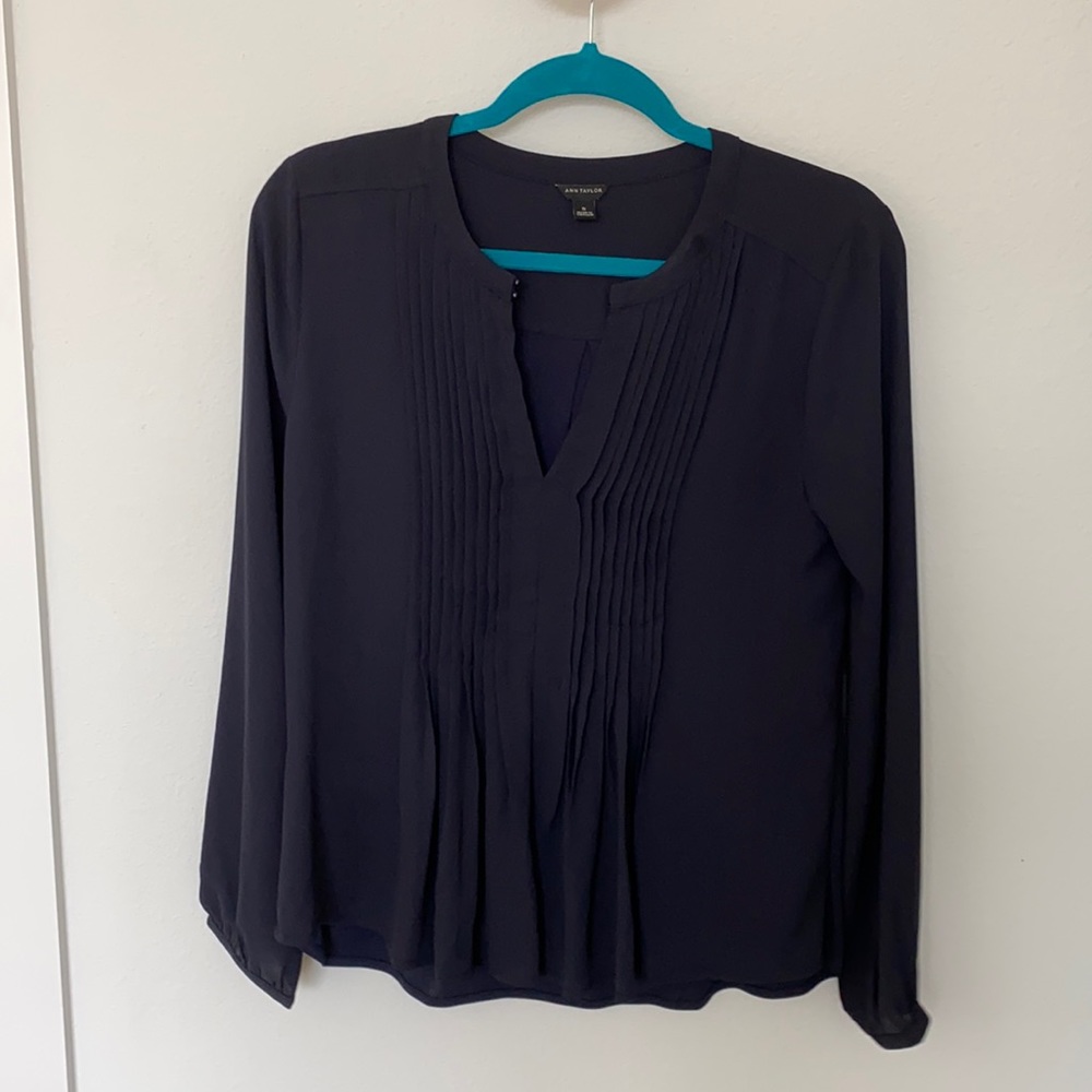 navy blouse with French pintucking